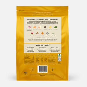 Back panel of Eureka Pet Co Single Protein Chicken air-dried dog food packaging, showing ingredient icons, guaranteed analysis with 39.9% crude protein, feeding guide by dog size, and made in Australia badge.