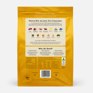 Back panel of Eureka Pet Co Wild Kangaroo & Grass Fed Lamb air-dried dog food packaging, showing ingredient icons, guaranteed analysis with 44.7% crude protein, feeding guide by dog size, and made in Australia badge.