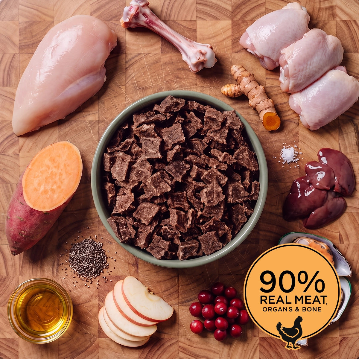 Sage green bowl of Eureka Pet Co air-dried dog food surrounded by raw ingredients on a wooden board, including chicken breast, diced chicken, cranberries, rosemary, flaxseed, apple, blueberries, chia seeds, turmeric root and broccoli. Badge reads 90% real meat, organs and bone.