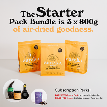 Three 800g bags of Eureka Pet Co air-dried dog food: Wild Kangaroo & Grass Fed Lamb, Wild Boar & Free Range Chicken, and Wild Venison & Grass Fed Lamb. Includes subscription perks: free welcome pack worth $58 and free treats in every future order.