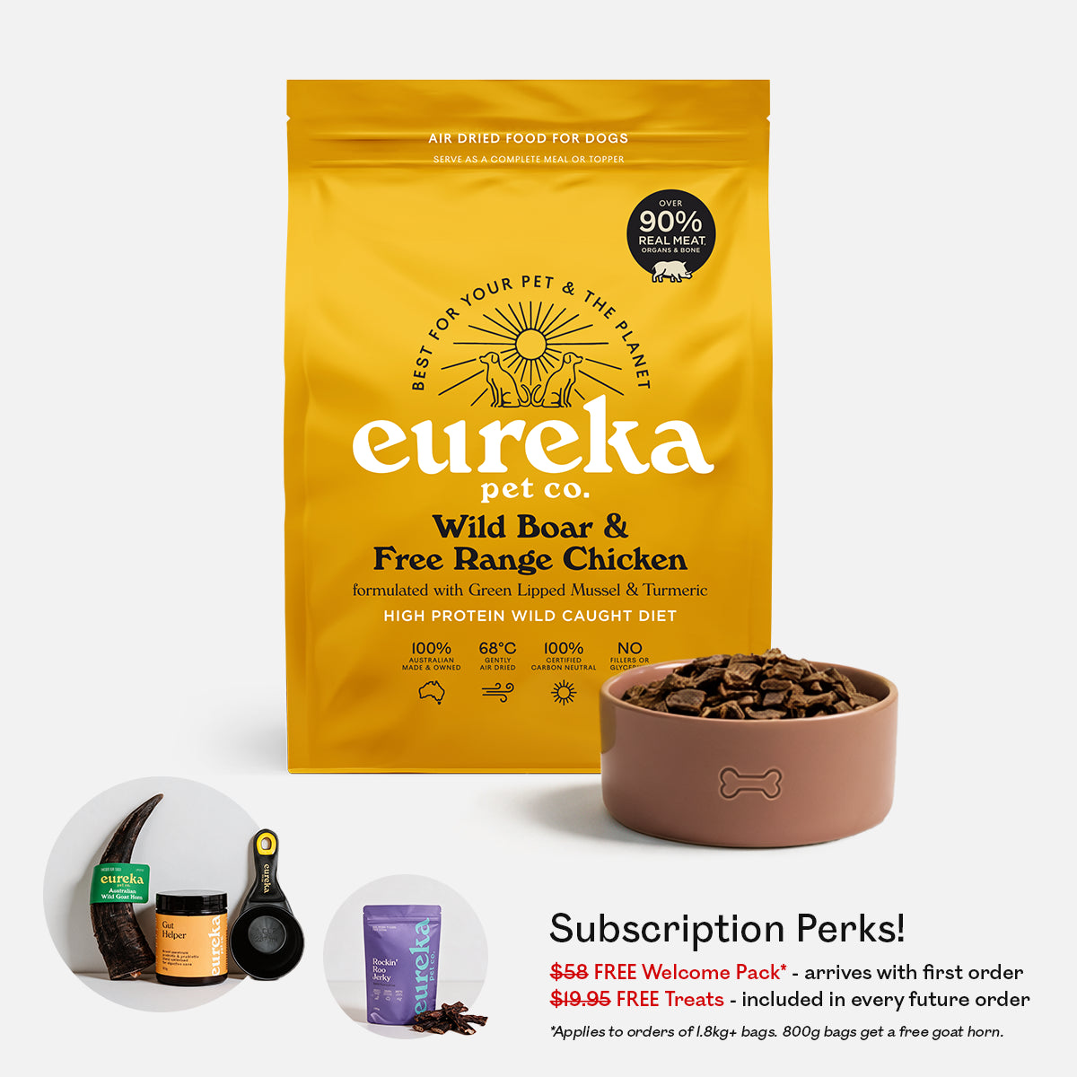 Bag of Eureka Pet Co Wild Boar & Free Range Chicken air-dried dog food beside a terracotta bowl filled with the food. Includes subscription perks: free welcome pack worth $58 and free treats worth $19.95 in every future order.