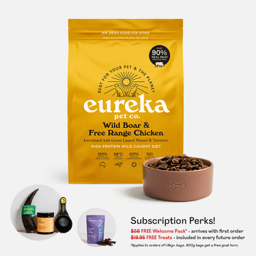 Bag of Eureka Pet Co Wild Boar & Free Range Chicken air-dried dog food beside a terracotta bowl filled with the food. Includes subscription perks: free welcome pack worth $58 and free treats worth $19.95 in every future order.