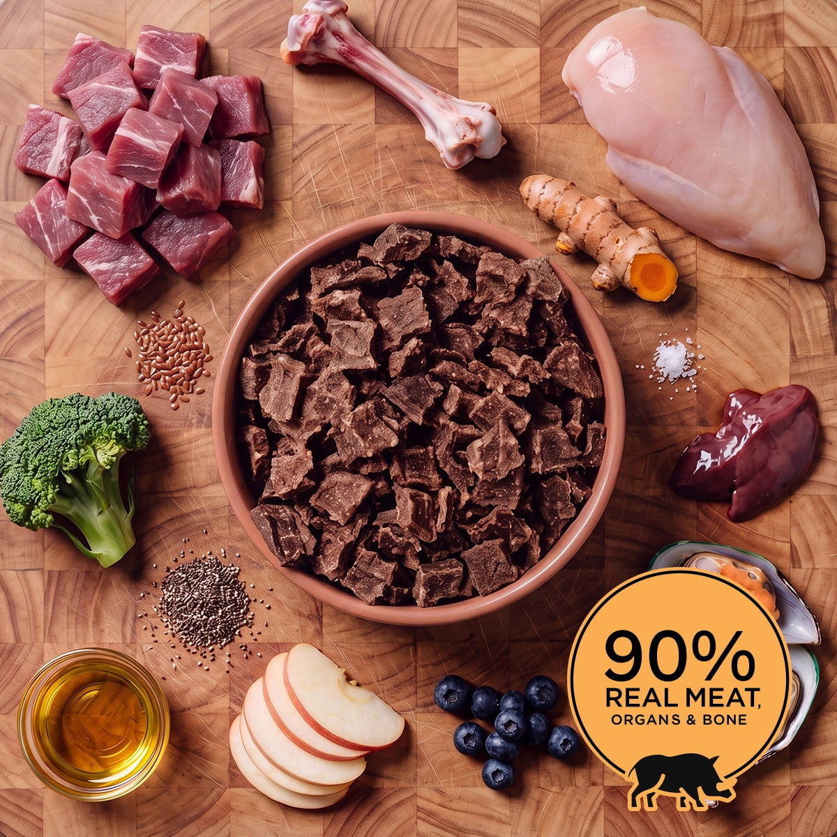 Terracotta bowl of Eureka Pet Co air-dried dog food surrounded by raw ingredients on a wooden board, including diced boar, a bone, chicken breast, rosemary, flaxseed, apple, blueberries, chia seeds, turmeric root and broccoli. Badge reads 90% real meat, organs and bone.