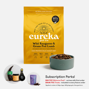 Bag of Eureka Pet Co Wild Kangaroo & Grass Fed Lamb air-dried dog food beside a green bowl filled with the food. Includes subscription perks: free welcome pack worth $58 and free treats worth $19.95 in every future order.