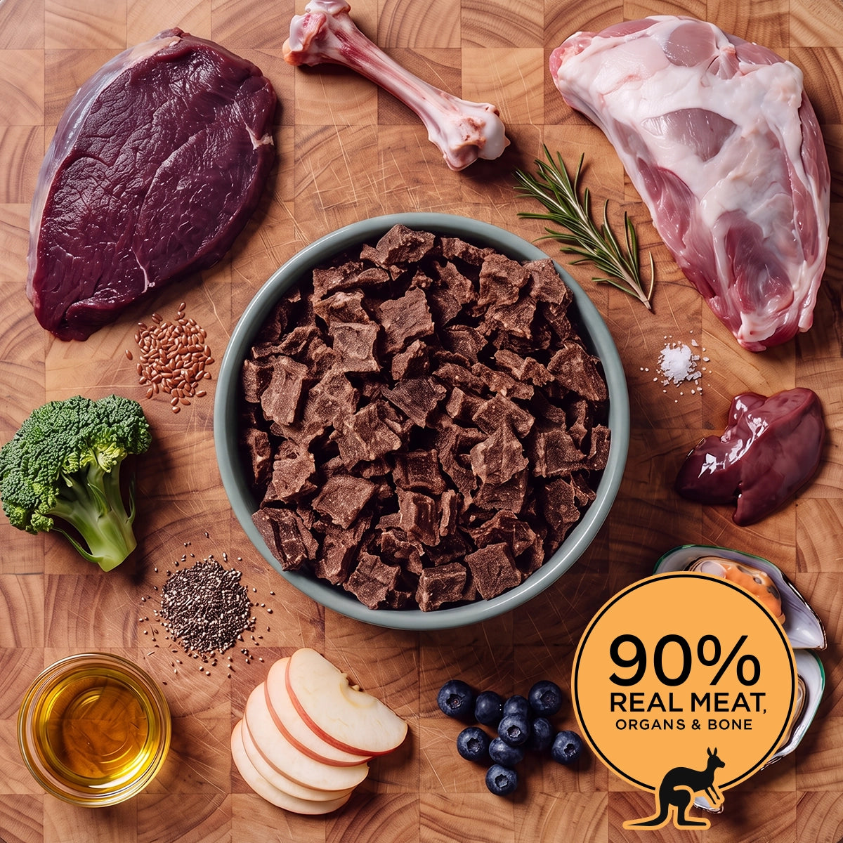 Grey bowl of Eureka Pet Co air-dried dog food surrounded by raw ingredients on a wooden board, including kangaroo meat, a bone, lamb shoulder, rosemary, ginger, flaxseed, apple, blueberries and chia seeds. Badge reads 90% real meat, organs and bone.