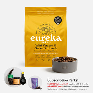 Bag of Eureka Pet Co Wild Venison & Grass Fed Lamb air-dried dog food beside a grey bowl filled with the food. Includes subscription perks: free welcome pack worth $58 and free treats worth $19.95 in every future order.