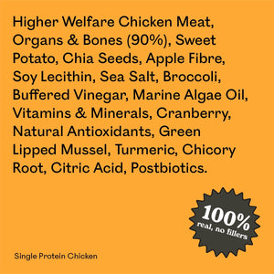 Full ingredient list for Eureka Pet Co Single Protein Chicken: higher welfare chicken meat, organs and bones, sweet potato, chia seeds, apple fibre and other natural ingredients. 100% real, no fillers.