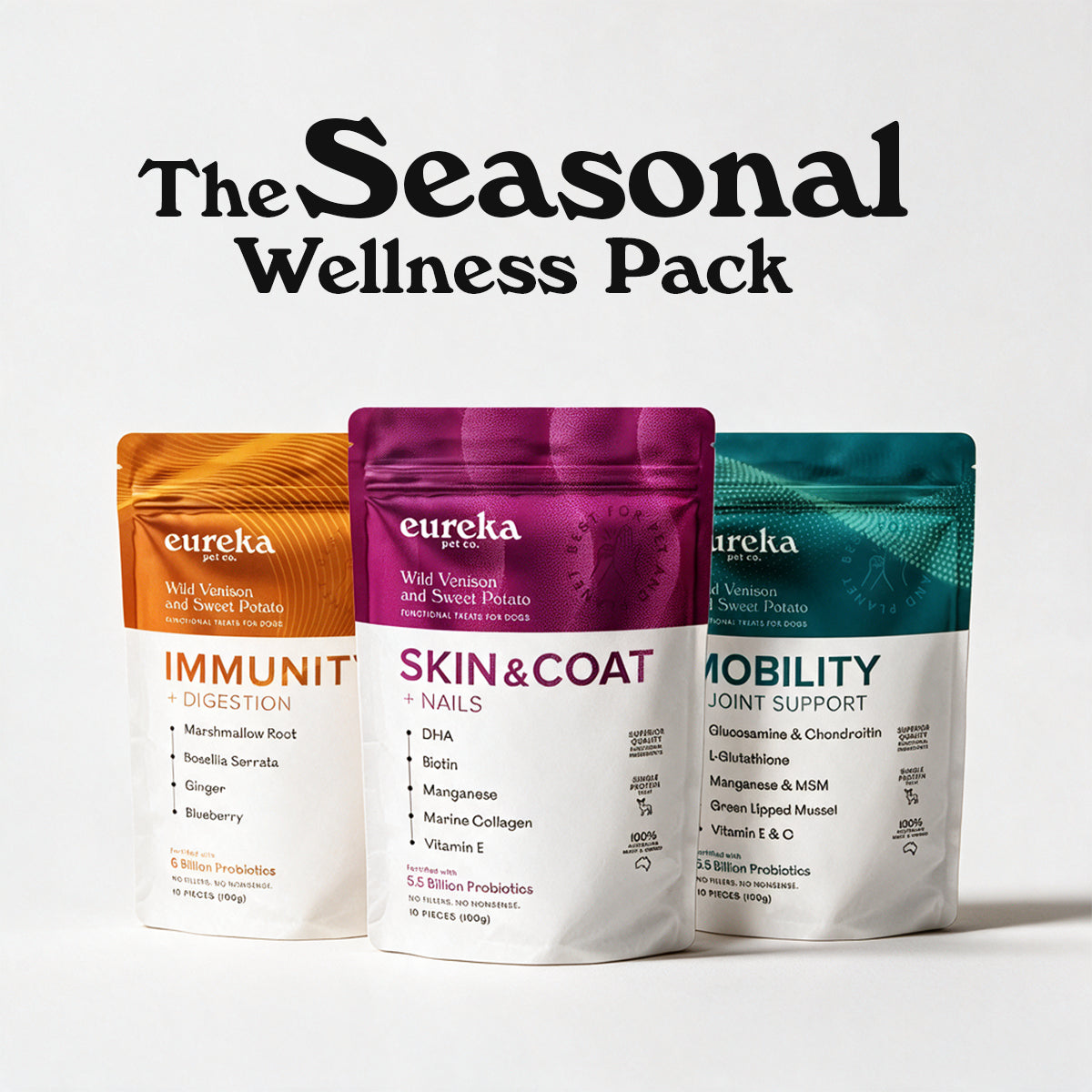 The Seasonal Wellness Pack: three Eureka Pet Co functional treat bags, Wild Venison and Sweet Potato flavour. Immunity & Digestion with marshmallow root, bosellia serrate, ginger, blueberry . Skin & Coat + Nails with DHA, biotin and marine collagen. Mobility + Joint Support with glucosamine, chondroitin and green lipped mussel. Each 100g bag, 10 pieces, fortified with probiotics.