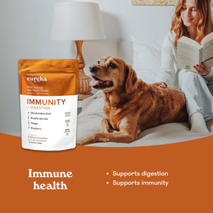 Golden retriever resting on a bed beside a woman reading, next to a bag of Eureka Pet Co Immunity & Digestion functional treat, supporting immune health.