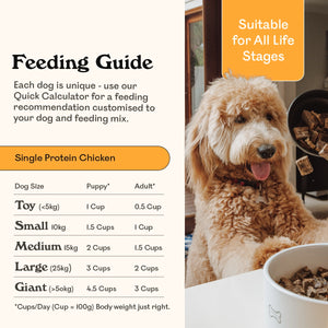Eureka Pet Co. Single Protein Chicken air-dried dog food feeding guide for all life stages — toy, small, medium, large and giant breed dogs, suitable for puppies and adults, with a happy Labradoodle watching food being scooped into a bowl with his tongue out
