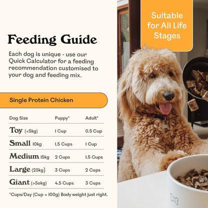 Eureka Pet Co. Single Protein Chicken air-dried dog food feeding guide for all life stages — toy, small, medium, large and giant breed dogs, suitable for puppies and adults, with a happy Labradoodle watching food being scooped into a bowl with his tongue out
