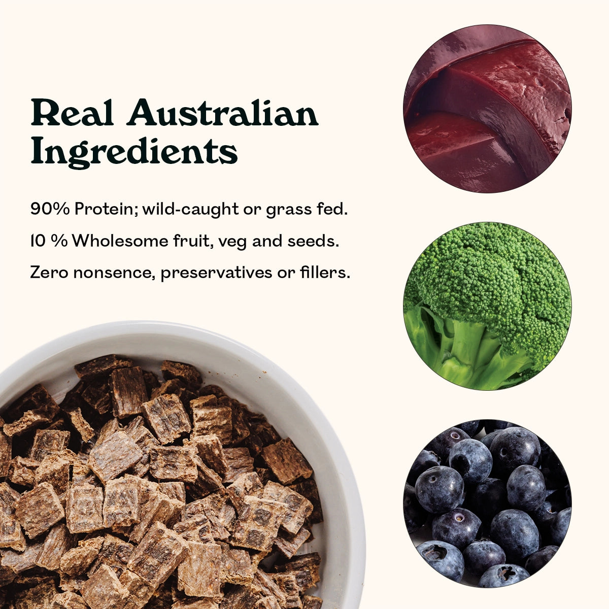 Eureka Pet Co. Wild Boar & Free Range Chicken air-dried dog food pieces in a white bowl with real Australian ingredients — 90% wild-caught protein, 10% wholesome fruit, veg and seeds, zero preservatives or fillers. 