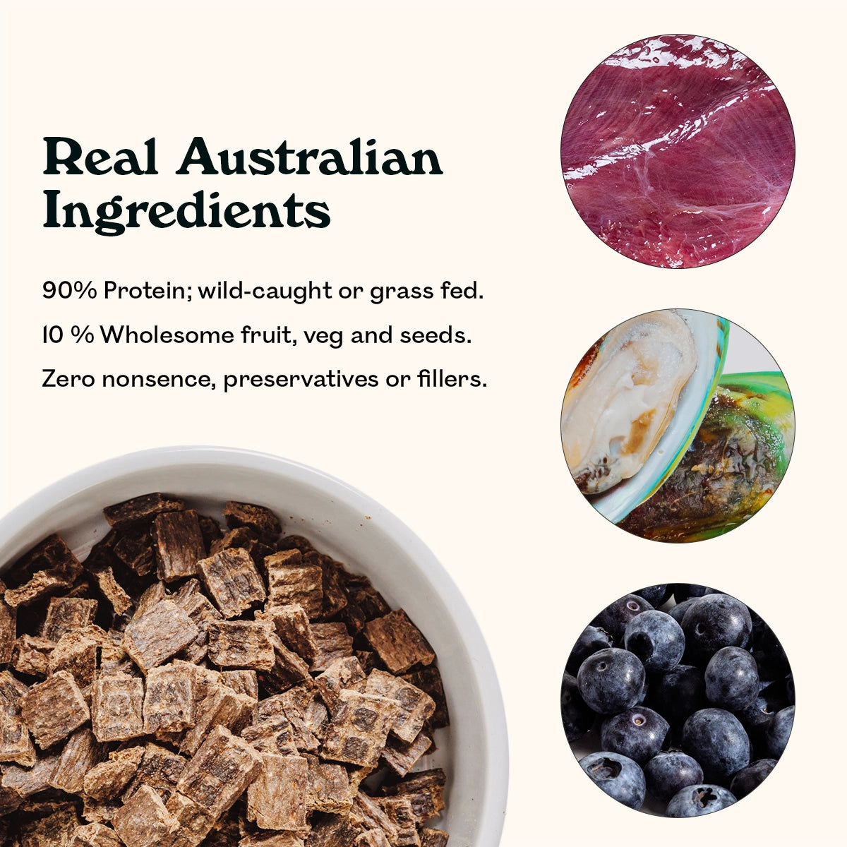 Wild Kangaroo & Grass Fed Lamb air-dried dog food pieces in a white bowl with real Australian ingredients — 90% wild-caught protein with green lipped mussel, 10% wholesome fruit, veg and seeds, zero preservatives or fillers