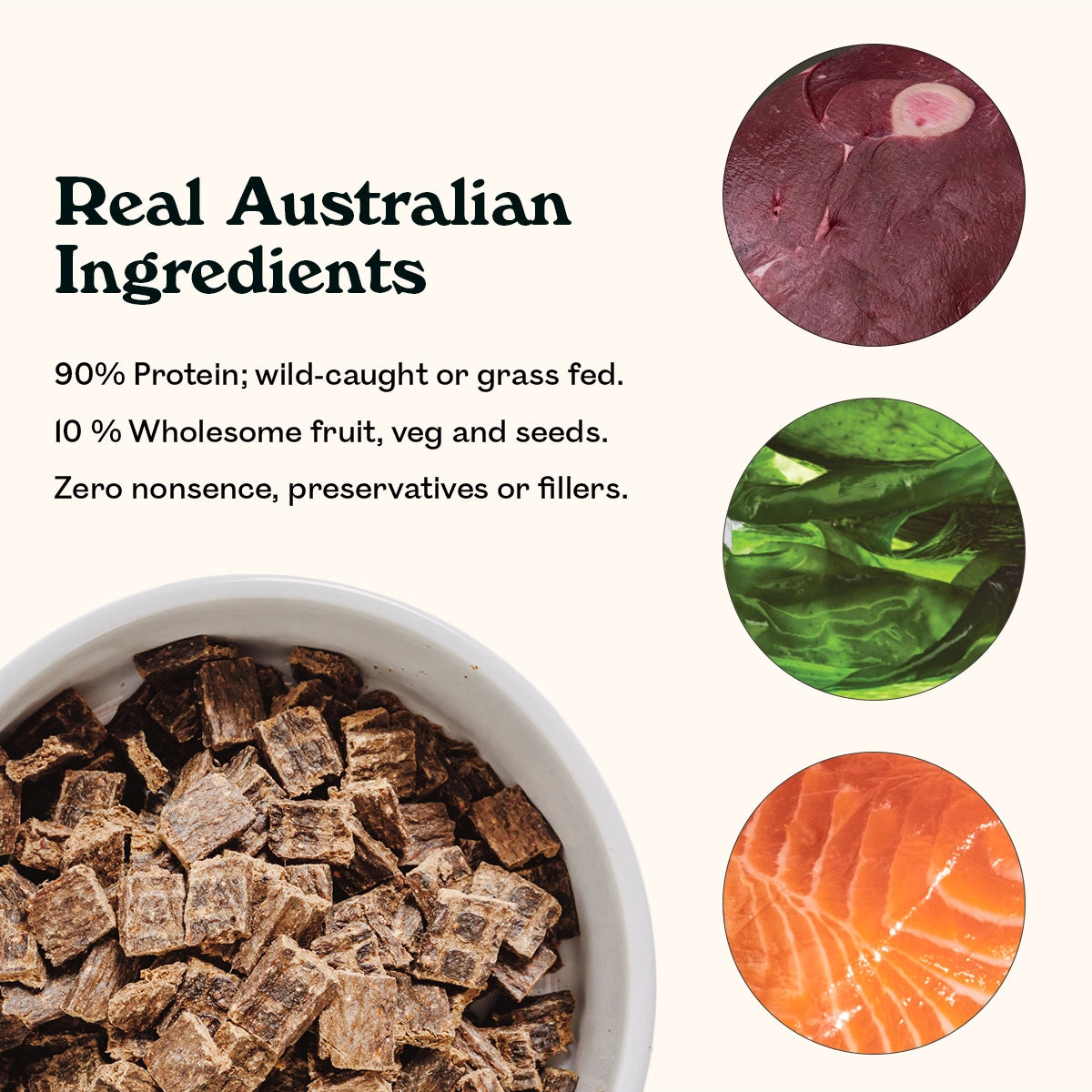 Eureka Pet Co. Wild Venison & Grass Fed Lamb air-dried dog food pieces in a white bowl with real Australian ingredients — 90% wild-caught protein with fresh venison, leafy greens and salmon, 10% wholesome fruit, veg and seeds, zero preservatives or fillers