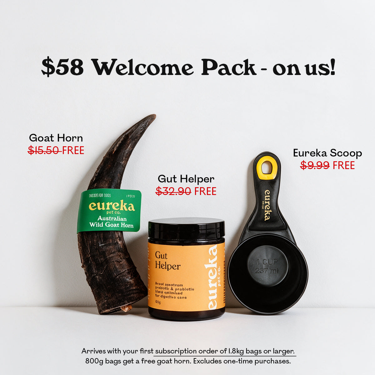 Eureka Pet Co $58 Welcome Pack, free with first subscription order: an Australian wild goat horn, a jar of Gut Helper probiotic supplement, and a branded 1 cup scoop. Arrives with first subscription order of 1.8kg bags or larger, 800g bags get a free goat horn, excludes one-time purchases.