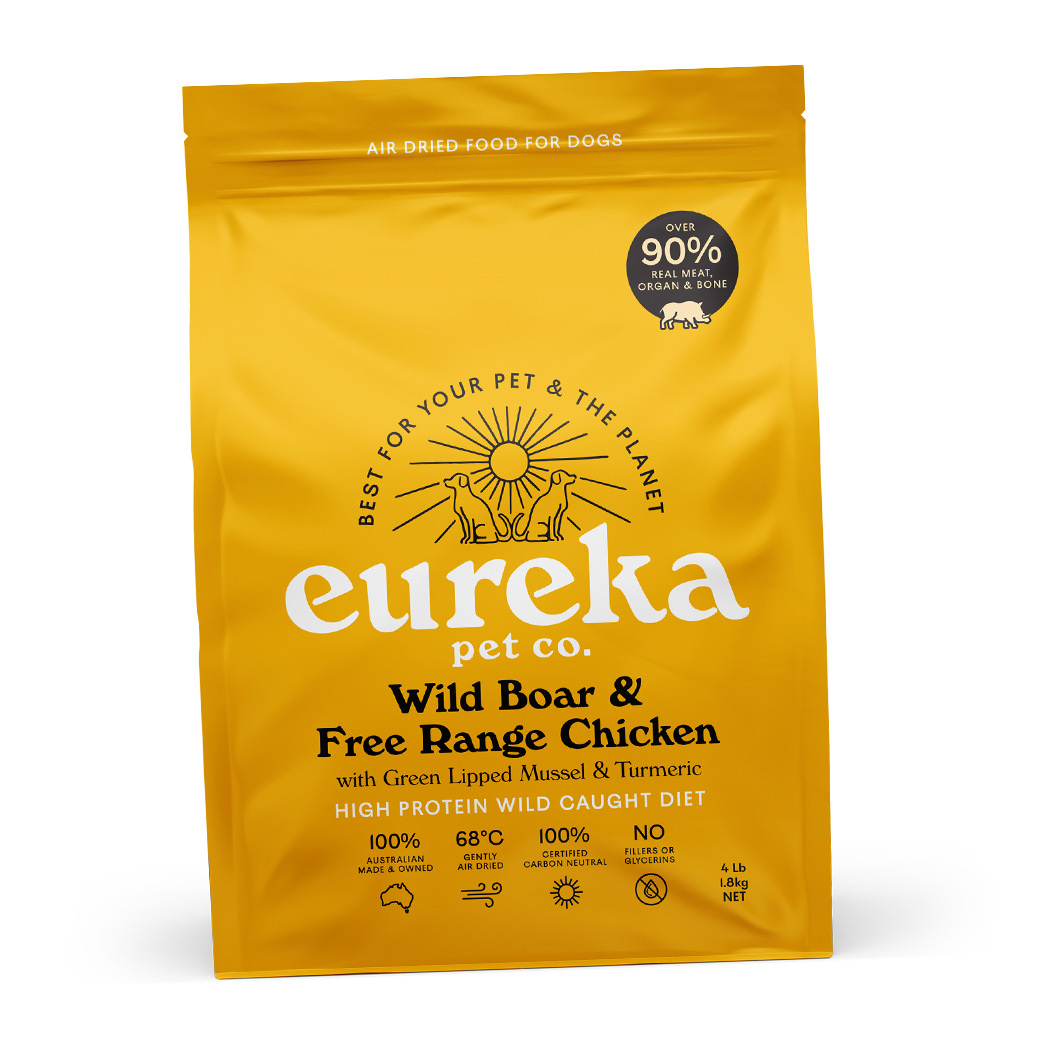 A bag of Eureka Wild Boar & Free Range Chicken air-dried dog food.