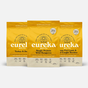 Eureka 75 variety pack showing all three 2.25kg air dried dog food flavours - Single Protein Wild Kangaroo, Grass Fed Lamb and Wild Caught Sardine, and Turkey and Duck - 75% real meat organs and bone, 100% Australian made