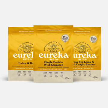 Eureka 75 variety pack showing all three 2.25kg air dried dog food flavours - Single Protein Wild Kangaroo, Grass Fed Lamb and Wild Caught Sardine, and Turkey and Duck - 75% real meat organs and bone, 100% Australian made