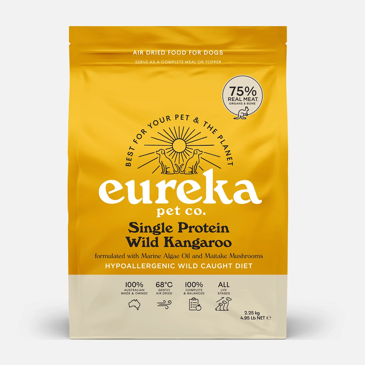 Eureka 75 Single Protein Wild Kangaroo air dried dog food 2.25kg bag - hypoallergenic wild caught diet, 75% real meat organs and bone, 100% Australian made
