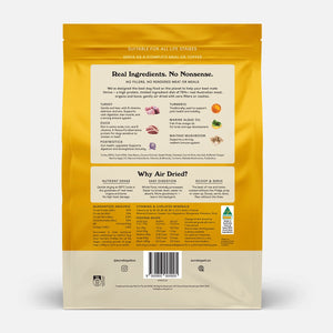 Eureka 75 Turkey and Duck dog food back of pack showing ingredients, guaranteed analysis, feeding guide and why air dried nutrition panel