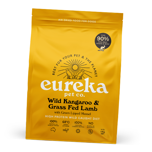 A bag of Eureka Wild Kangaroo & Grass Fed Lamb dog food.