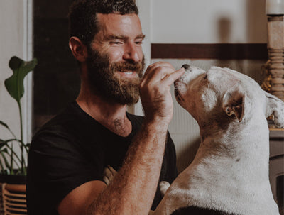 Man smiling and feeding a treat to his attentive white dog.