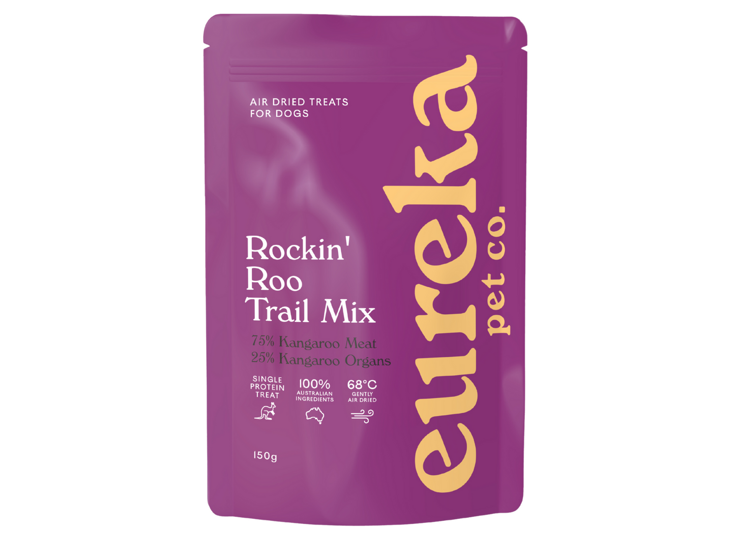 A bag of Rockin' Roo Trail Mix dog treats.