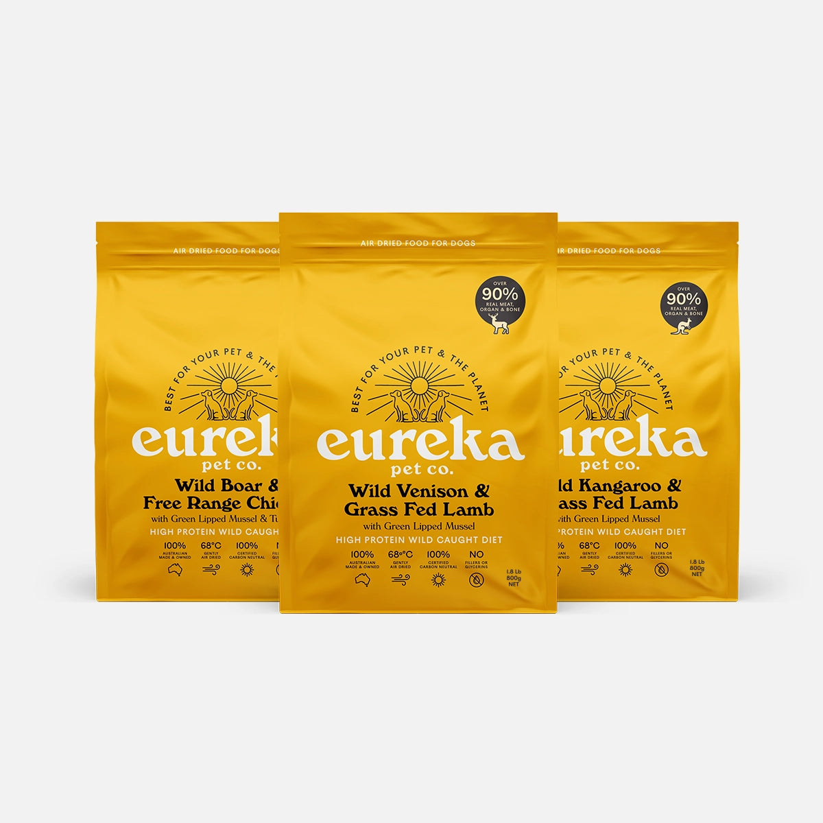 The Eureka 90 Starter Pack Bundle: Three Eureka 90 air-dried dog food 800g bags: Wild Boar & Free Range Chicken, Wild Venison & Grass Fed Lamb, and Wild Kangaroo & Grass Fed Lamb, each with green lipped mussel and over 90% real meat, organ and bone.