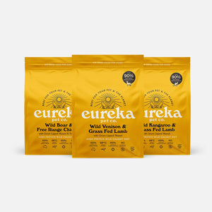 The Eureka 90 Starter Pack Bundle: Three Eureka 90 air-dried dog food 800g bags: Wild Boar & Free Range Chicken, Wild Venison & Grass Fed Lamb, and Wild Kangaroo & Grass Fed Lamb, each with green lipped mussel and over 90% real meat, organ and bone.