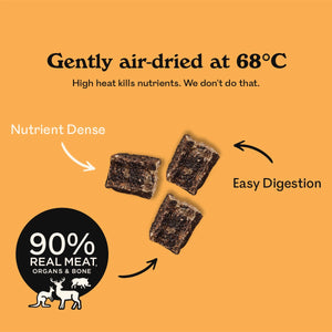 Close-up of Eureka Pet Co air-dried dog food pieces, gently dried at 68°C for easy digestion, with over 90% real meat, organs and bone.