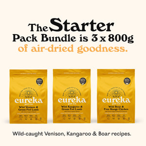The Eureka 90 Starter Pack Bundle: three 800g bags of Eureka 90 air-dried dog food in Wild Venison & Grass Fed Lamb, Wild Kangaroo & Grass Fed Lamb, and Wild Boar & Free Range Chicken recipes.
