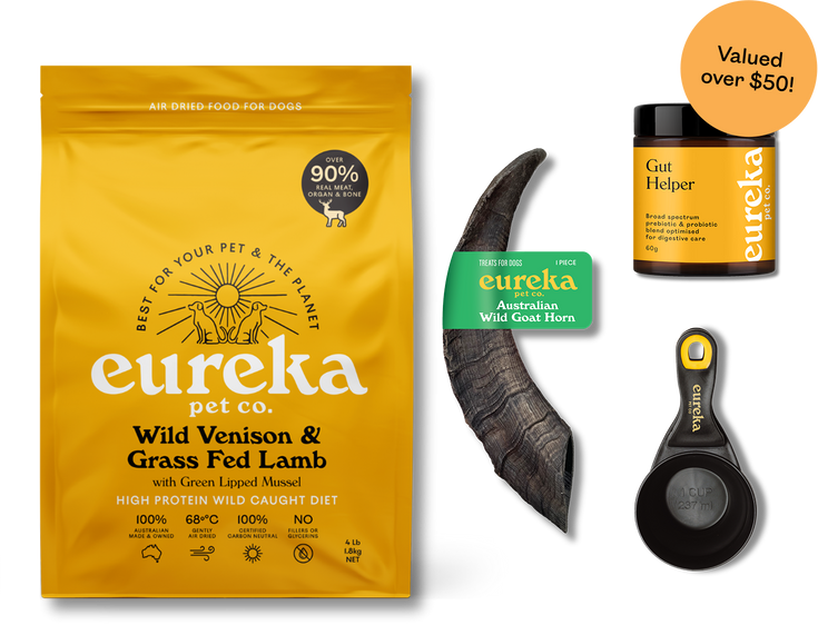 Eureka Pet Co dog food bundle with goat horn, gut helper supplement & measuring cup.