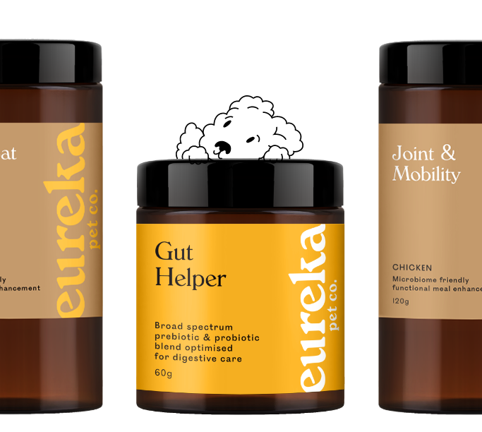 Eureka dog health supplements, Gut Helper for digestive care, and Joint & Mobility.